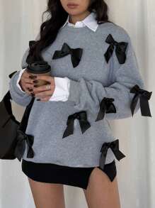Women's Fashionable Bow Decor Sweatshirt For Autumn/Winter Pullover Fall Sweatshirt - Light Grey - View 1
