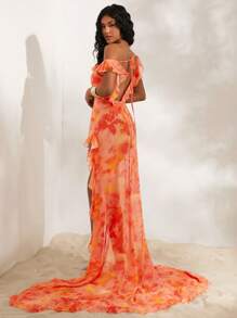 Opulessa Trang phục đi biển mùa hè cho phụ nữ Lễ hội âm nhạc Boho Váy cưới lưới thanh lịch gợi cảm in họa tiết hở lưng cho nữ - trái cam - Xem 3