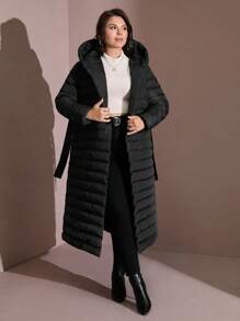 EURMUSE Women's Plus Hooded Longline Puffer Thick Pockets Belted Buttoned Winter Coat