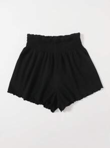 SHEIN VCAY Shirred Waist Lettuce Trim Black Shorts - Black - View 4