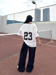 Muchica Women Aummer Graphic Number & Letter Print Basketball Jersey T-Shirt Top & Black Cargo Pocket Pants 2 Pieces Casual Streetwear Suit