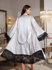 蕾丝边优雅缎面女士睡衣套装 - 白色 - 查看 2