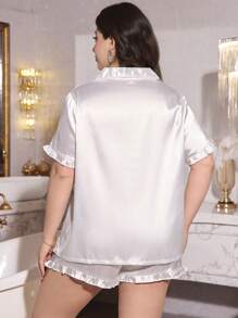 Plus Size Women Faux Floral Ruffle Trim Sleepwear Set - White - View 2