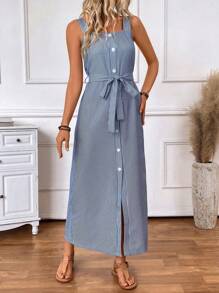 SHEIN LUNE Vestido casual de vacaciones para mujer con tirantes de colores contrastantes, rayas y botones adelante con nudo a la cintura
