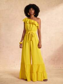 Slaydiva Bộ đồ liền quần dài siêu dài mới cho kỳ nghỉ xuân hè Một bên vai chéo Vai hai lớp nhún bèo Cổ áo cạp rộng Quần dài siêu dài Nhiều lớp viền nối Dải sóng màu vàng Vải dệt Bộ đồ liền quần nữ-B - Màu vàng - Xem 1