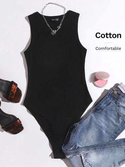 SHEIN EZwear 纯色紧身连身衣，简约时尚休闲日常装