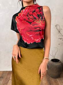 EastFlair Women's Elegant Flower Print Asymmetrical T-Shirt - Black - View 4