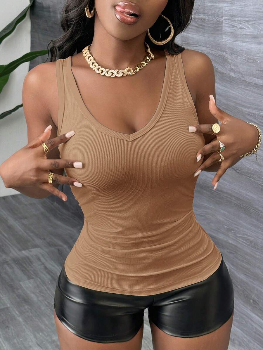 Slaydiva 休闲深 V 领罗纹吊带背心，白色