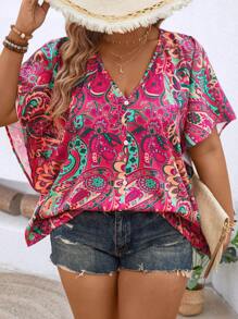 SHEIN LUNE 大码女式休闲佩斯利花卉印花 V 领荷叶边袖衬衫