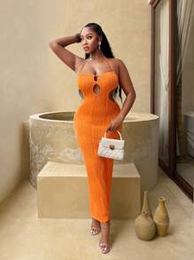BamGleam Women's Solid Color Sexy Backless Halter Long Dress For Vacation