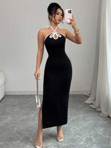 Rafferiza Đầm ôm body hở lưng hở lưng gợi cảm phong cách Pháp thanh lịch cho nữ - Đen và trắng - Xem 6