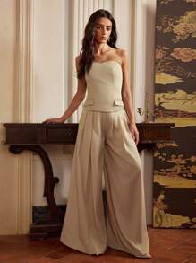 Anewsta Women's Knitted Patchwork Sleeveless Top And Wide-Leg Pants Set, Elegant Design, Suitable For Spring And Summer - Khaki - View 5