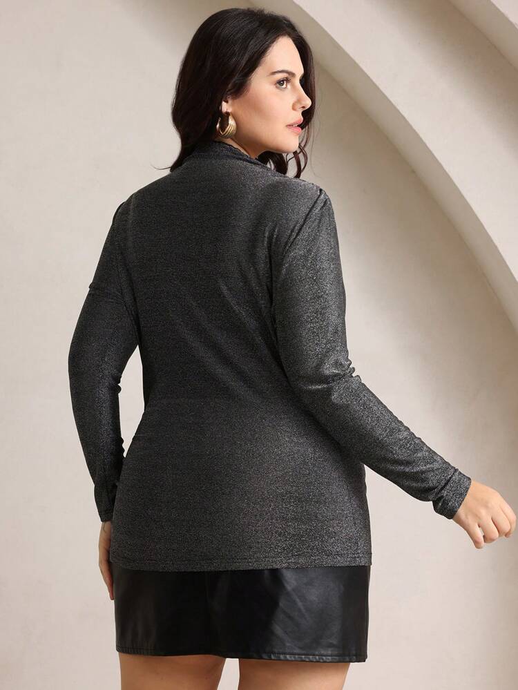 Plus Size Women Elegant Romantic Ruched Collar Long Sleeve T-Shirt Top, Spring For Plus Size Women, Summer