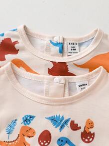 2pcs Toddler Boys Cute Dinosaur Graphic Khaki Short Sleeve T-Shirt
