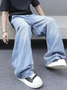 Manfinity EMRG 男士口袋阔腿宽松休闲百搭牛仔裤 - 淺色水洗藍 - 查看 8