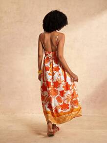 Slaydiva New Casual Floral Print Sleeveless Long Dress - Orange, Spring/Summer - Yellow - View 2