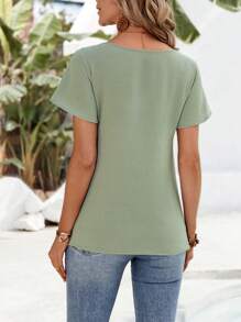 EMERY ROSE Women's Vacation Casual Solid Color Lace Patchwork Short Sleeve Shirt - Green - View 2