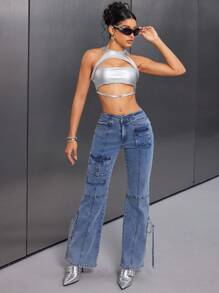 SHEIN ICON Women's Butt-Lifting Flare Jeans With Multiple Pockets - Blue - View 3