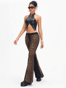 SHEIN ICON Women's Simple Leopard Print Panel Lace-Up Flare Leg Casual Jeans - Multicolor - View 4