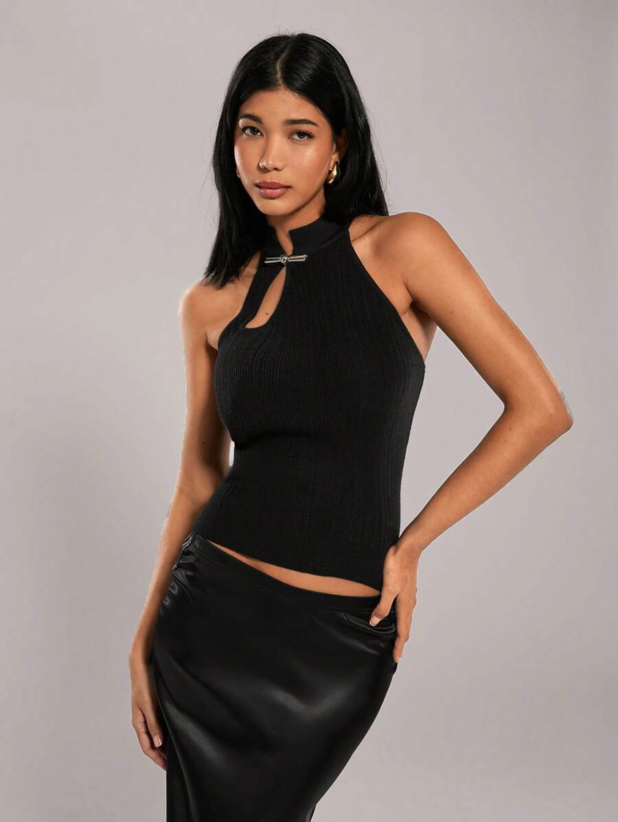 Forever 21 女士简约纯色无袖立领修身毛衣，休闲日常穿着