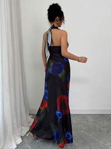 Selianne Elegant Floral Print Halter Dress With Oversized Collar - Multicolor - View 3