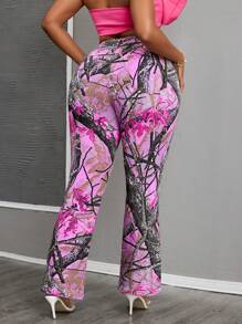 SHEIN SXY Plus Size Retro Style Trees & Branches Print Bodycon Flare Leg Jeans Women Summer Outfits  Old Money Pink Jeans