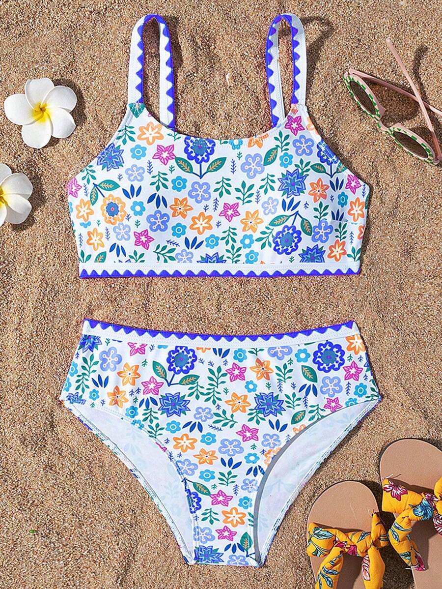 Tween Girl Ditsy Floral Printed Two Pieces Swimwear Set, Pink, Sweet & Fashionable Style Suitable For Any Occasions, Spring & Summer - Blue - View 1