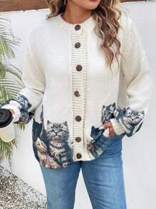 EMERY ROSE 大码女式猫咪图案长袖单排扣休闲宽松开衫，秋冬 - 彩色 - 查看 4