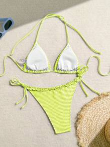 Swim Mod 女士条纹航海风拼接荷叶边系带比基尼套装，适合夏季海滩度假 - 黃色 - 查看 7