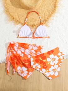 Tween Girl Summer Beach Floral Printed Halter Bikini Set With Cover Up Skirt Bathing Suit Tween Girl Swimming, Tween Girl Beachwear - Multicolor - View 2