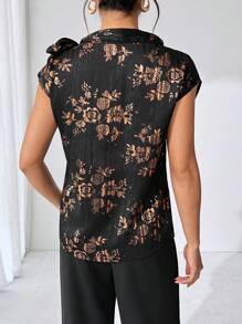 SHEIN Clasi Elegant Women's Short Sleeved Gold Embossed Chiffon Ribbon Tied Shirt, Suitable For Various Occasions - Black and Gold - View 4