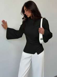 Aloruh Scoop Neck Long Bell Sleeve Crop Ruched Shirt For Women, Office Wear, Apricot Color - Black - View 5