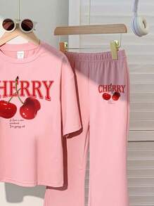 SHEIN Leap Crew Tween Girl 2pcs/Set Vintage Cherry Pattern Casual Loose Short Sleeve T-Shirt And Flare Pants Outfit, Suitable For Spring And Summer - Pink - View 4