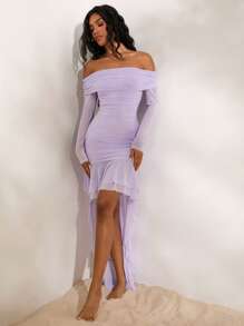 Opulessa Rochie de culoare solidă din plasă din plasă, cu fanta, cu tivul asimetric, pentru femei - Violet - Vizualizare 6