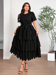 Celure Plus Size Women Puff Sleeve Ruffle Hem Tie-Waist Solid Color Long Dress, Vacation Style, Romantic,Elegant,Wedding Dress