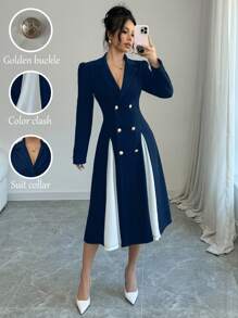 Elenzga 女士拼色双排扣优雅办公室装长袖中长连衣裙长款女装