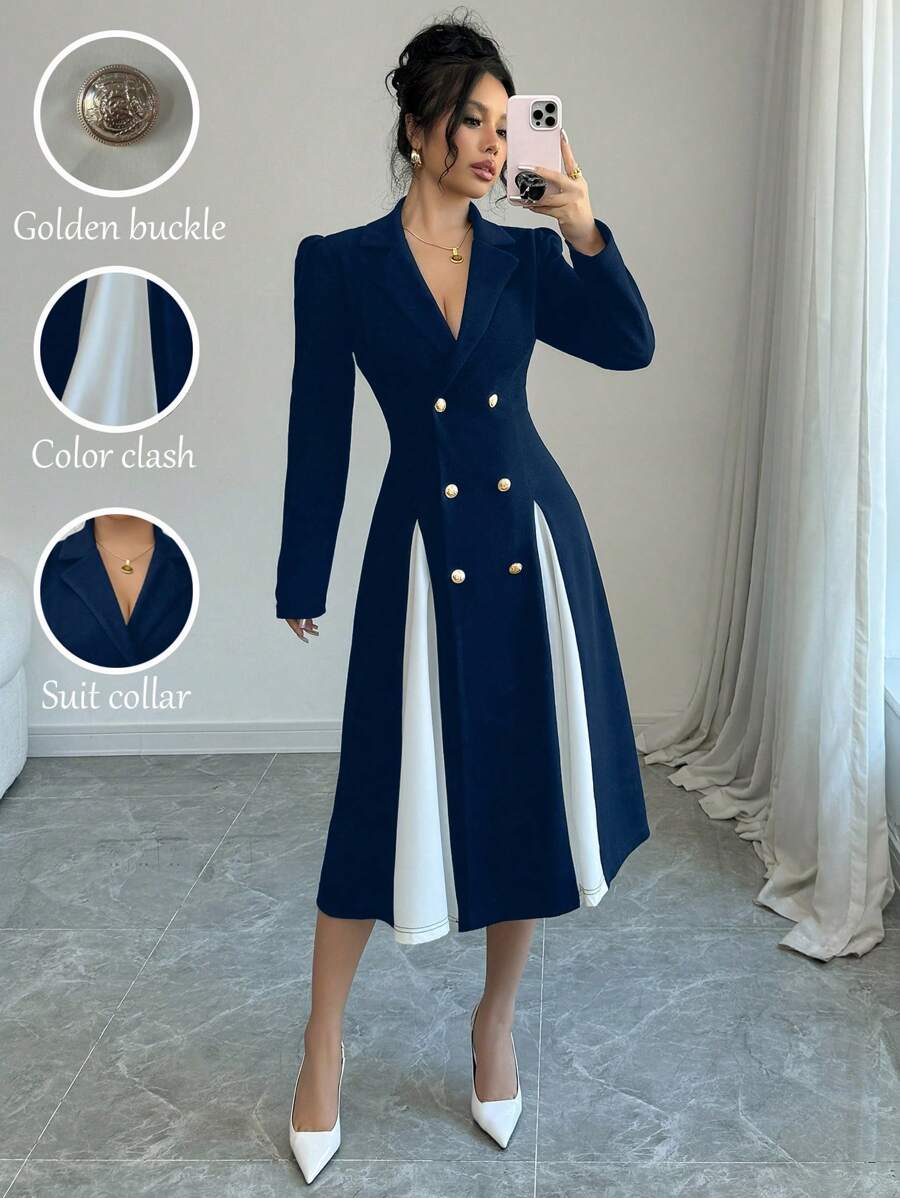 Elenzga 女士拼色双排扣优雅办公室装长袖中长连衣裙长款女装