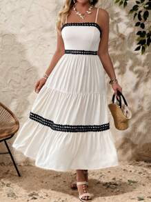 SHEIN Clasi فستان إسليب ماكسي بتصميم الدانتيل والألوان المتناقضة المناسب للمقاسات الكبيرة، صيفي - لون مشمشي - مشاهدة 15