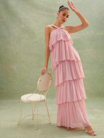 L'Amorae 纯色优雅飘逸分层挂脖长裙