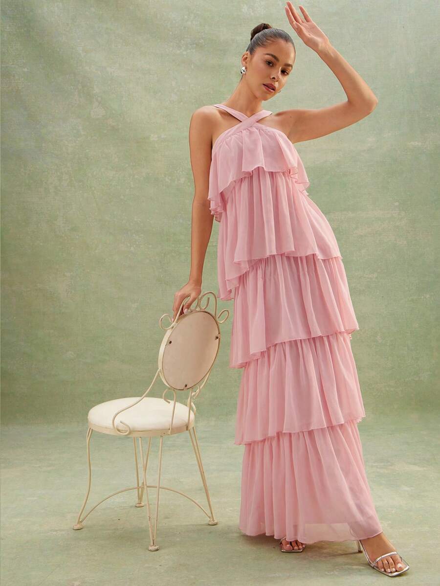 L'Amorae Vestido largo maxi elegante y fluido de un solo tono con cuello de halter y volantes