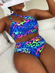 Slaydiva Traje de baño de talla grande para mujer con estampado de leopardo y cordón en un solo hombro, ropa de resort informal