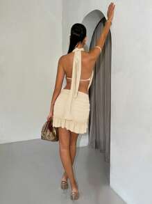 SHEIN BAE Women's Spring Summer Vacation Beach Draped Neck Solid Color Mesh Ruffle Hem Matching Set - Apricot - View 2