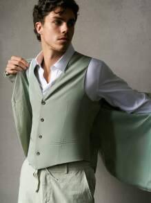 Manfinity VCAY 2pcs Men Slim Fit Notched Collar Fashion Casual Suit Set, Suitable For Daily Office - Green - View 12