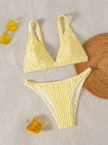 SHEIN Swim Spring Break Women Fashion Solid Texture Shoulder Strap Pattern Random Yellow Ruffle Sexy Bikini Set, Summer Beach - Yellow - View 3