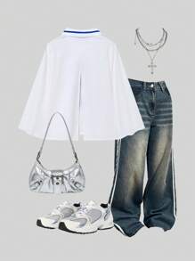 StreetHx 女士街头服饰领口印花斗篷 T 恤 - 白色 - 查看 2