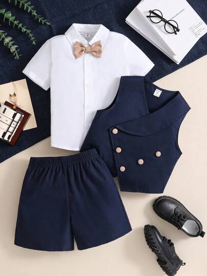 小男孩纯色短袖衬衫、背心和短裤绅士装套装