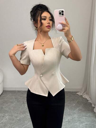 Elenzga 女士优雅别致领口褶皱腰 A 字型双排扣短袖衬衫，适合工作、休闲、度假