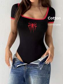 SHEIN EZwear Women's Halloween Black & Red Spider Print Mock Neck Fitted Bodysuit
