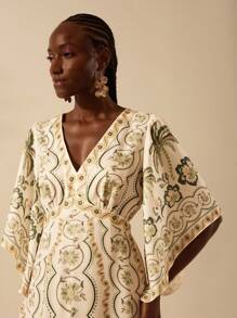 CAJUNI 女士波西米亚风热带花卉、龟背竹叶、椰子树、菠萝印花深 V 领荷叶边袖长裙，休闲夏季度假连衣裙 - 彩色 - 查看 4