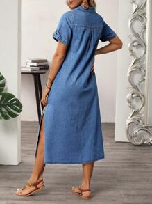 SHEIN LUNE 女士假日休闲洗水牛仔连衣裙 - 藍色 - 查看 2